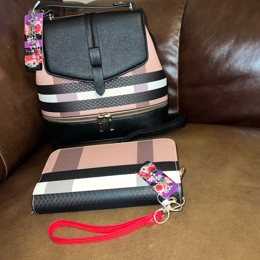 Stylish Black and Pink Women's Backpack and Wallet Set